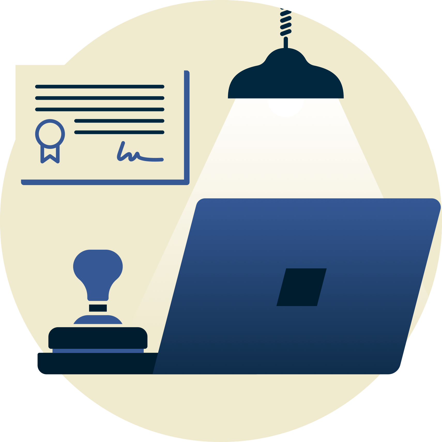 Lampe over gummistempel og b&aelig;rbar computer med certifikat i baggrunden.